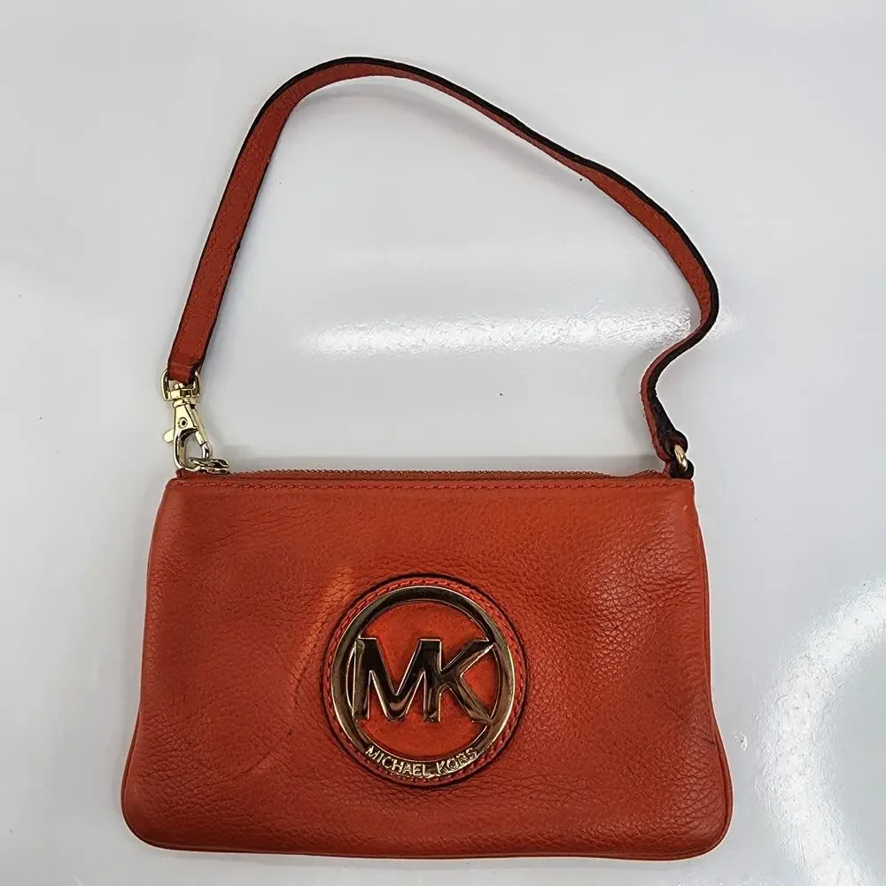 Michael Kors Fulton Wristlet Clementine Leather Orange Zip Clutch 7" Strap Flaws - Picture 3 of 12